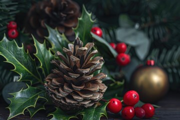 Christmas Pine Cone. Winter Holly Berry Decoration with Red and Green Flora