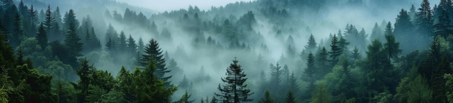 panoramic photo of a pine forest in the mountains on a misty morning Generative AI