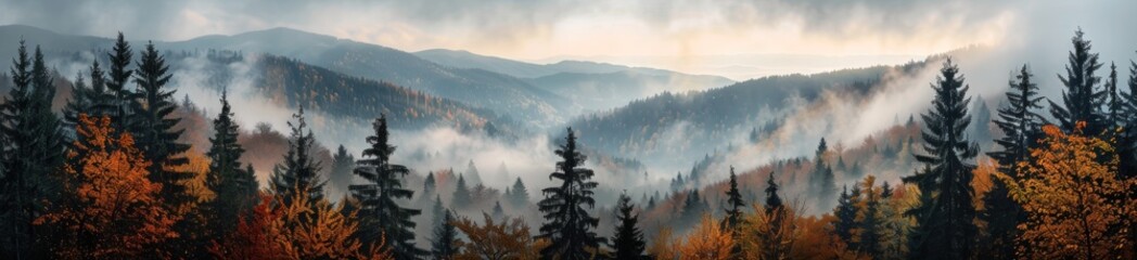 panoramic photo of pine forest on the mountains, misty morning light, autumn colors Generative AI