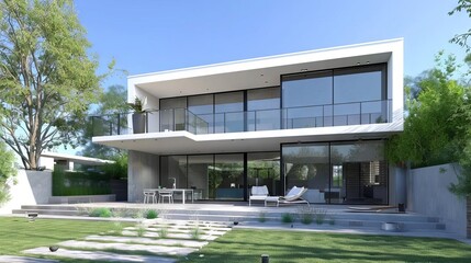 lush green modern twostory house with large windows and balcony 3d illustration
