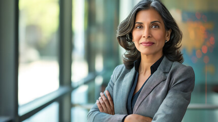 A confident and professional middle-aged Indian businesswoman stands in an office with her arms crossed, looking directly at the camera with a friendly smile on her face, gray suit jacket, black blous