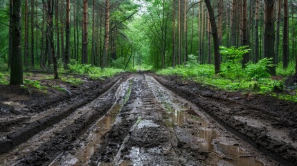 Fototapeta premium Forest Dirt. Summer Time on a Natural Road Through Green Forest Terrain