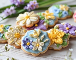 Obraz na płótnie Canvas Gourmet Cookies. Freshly Baked Spring Flower Cookies with Delicious Frosting
