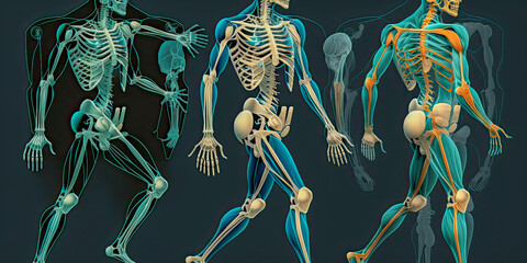 Illustration of the musculoskeletal system, depicting bones, joints, and muscles.