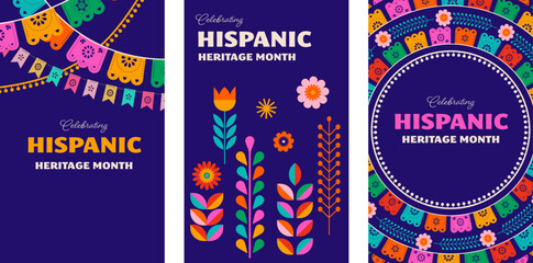 National hispanic heritage month celebration. Background, banner and card with flowers. Geometric colorful concept design floral pattern