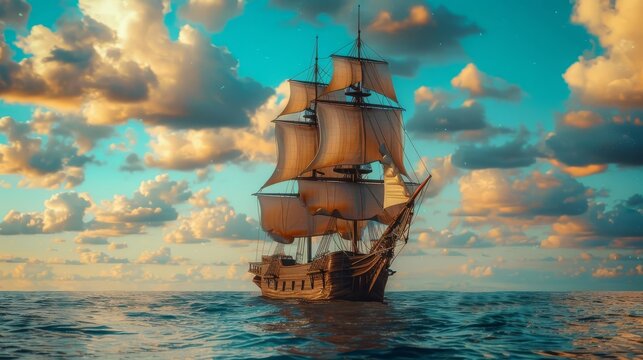 majestic wooden pirate ship with billowing sails navigating the open seas adventure concept