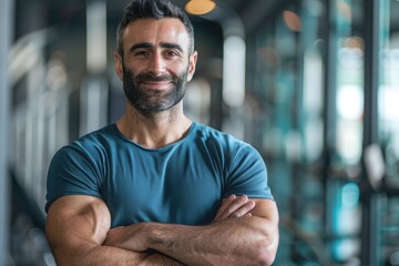 Obraz premium Lifestyle Strong Man. Fitness Coaching Portrait of Happy Gym Trainer Ready for Workout