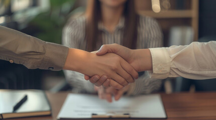 Close-up of a professional handshake with contract documents on the table