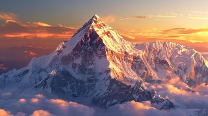 Majestic Mountain. Golden Light on Snowy Peak at Himalayan Sunset