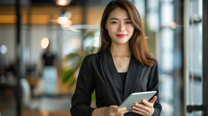 Fototapeta premium Manager Asian. Confident Businesswoman Achieving Success in Stylish Office with Tablet Computer