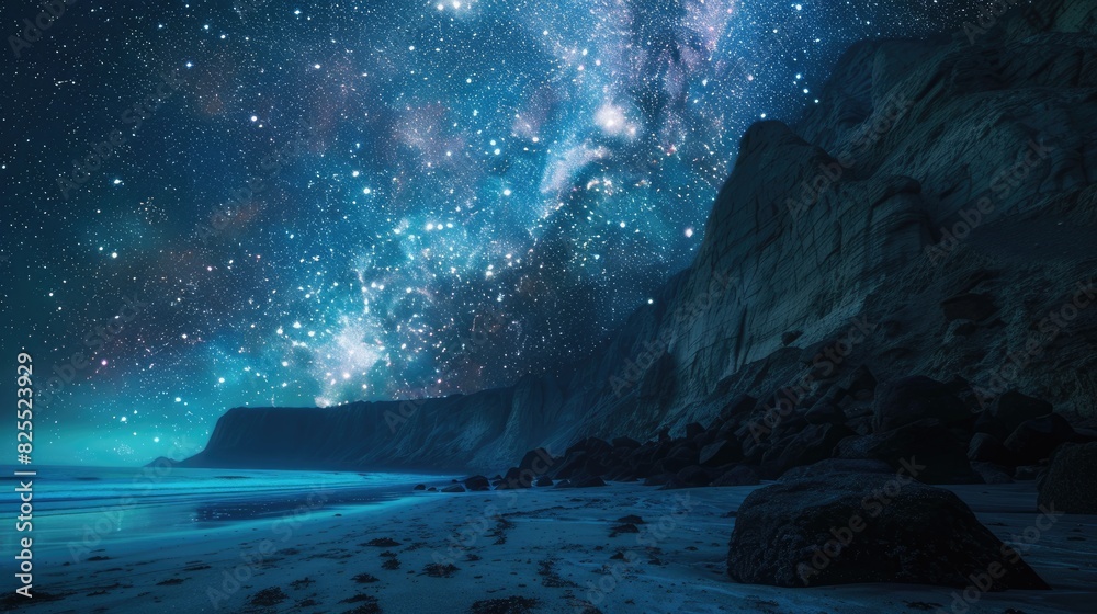 Wall mural mountain clear sky. a clear starry sky over a mountain landscape with glowing stars and abstract atm