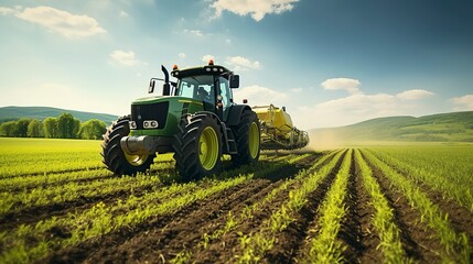 Fototapeta premium A photo of a tractor cultivating a field of young crops