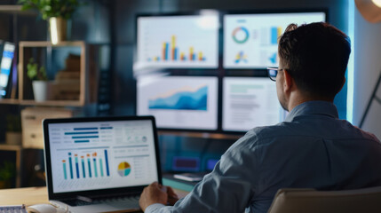 Expertly reviewing complex financial data on multiple screens in a contemporary workplace