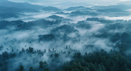 Mountains Foggy. Aerial View of Foggy Forest Mountains in Morning Light