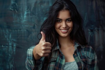 Fototapeta premium Person Thumbs Up. Smiling Beautiful Woman in Casual Clothes Winking at Camera with Happy Expression