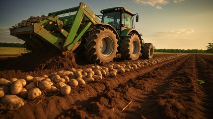 A photo of a tractor harvesting a field of potatoes