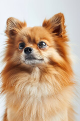 Obraz premium Studio portrait photo of a Pomeranian Spitz on a white background. Close-up, frontal view