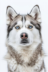 Obraz premium Studio portrait photo of a Siberian Husky on a white background. Close-up, front view.