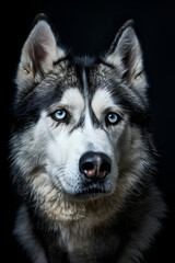 Obraz premium Studio portrait photo of a Siberian Husky on a black background. Close-up, front view.