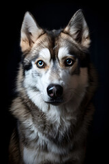 Fototapeta premium Studio portrait photo of a Siberian Husky on a black background. Close-up, front view.