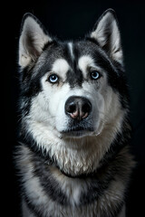 Obraz premium Studio portrait photo of a Siberian Husky on a black background. Close-up, front view.
