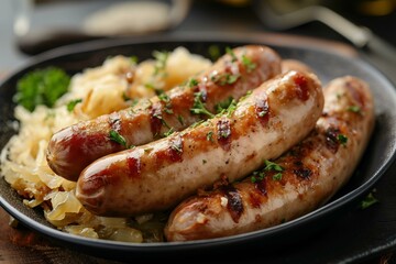 Grilled bratwurst sausages with sauerkraut on a black plate