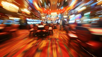 A motion blur image of a lively casino interior with colorful lights and slot machines