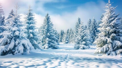 Snow Landscape Pine Trees. Winter wonderland with snow-covered firs under the night sky