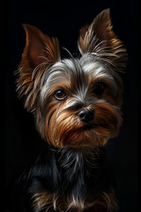 Fototapeta premium Studio portrait photo of a Yorkshire terrier on a black background. Close-up, full-face