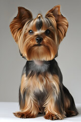 Studio portrait photo of a Yorkshire terrier on a gray background. In full growth.