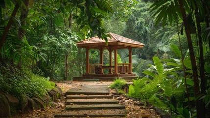 secluded jungle retreat rustic wooden gazebo nestled amidst lush foliage natures tranquil sanctuary generative ai