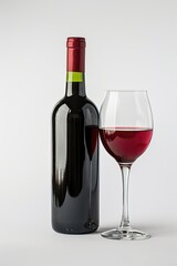Wine Bottle And Glasses. Red Wine in Bottle and Glass on White Background. Still Life Image with Copy Space