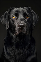 Studio portrait photo of a black Labrador Retriever on a black background. Close-up, full-face