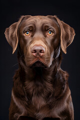 Fototapeta premium Studio portrait photo of a brown Labrador Retriever on a black background. Close-up, full-face