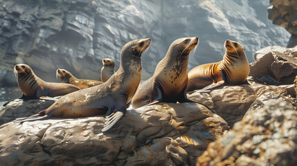 Sea lions sunbathing on rocks. realistic hyperrealistic