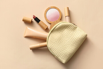 Cosmetic bag with eco-friendly makeup products on beige background