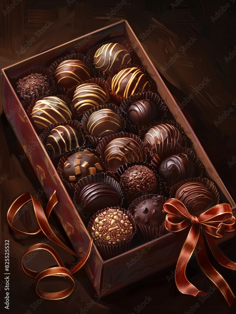 Poster detailed painting of an elegant box of chocolate truffles adorned with a vibrant red ribbon, showcas