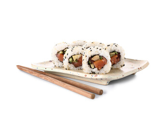 Board with tasty sushi rolls and chopsticks on white background