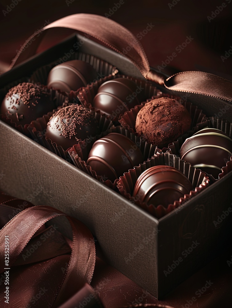 Aufkleber luxurious box of chocolate truffles with ribbons on a table. generative ai