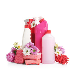 Set of cleaning supplies with spring flowers on white background