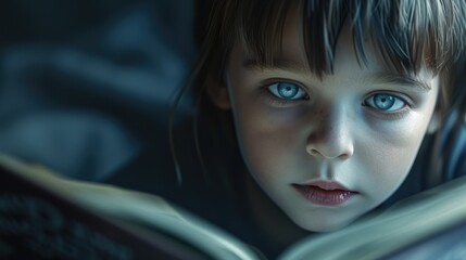 Close up of attractive child reading a book while looking at camera. Elementary student holding fairy tale novel book or bedtime stories with blurring background. Creative activity concept. AIG42. © InfiniteFlow
