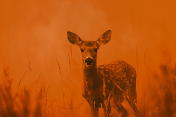 Forest fire. Animal in wildfire. Animals trying to escape the flames. Deer in a orange smoke. Ecological catastrophy. Fire-driven animal evolution. Background for banner, flyer, advertising. 