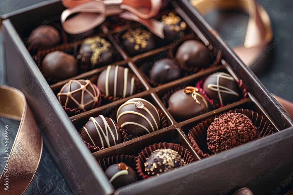 Poster elegant box of chocolate truffles adorned with a ribbon. generative ai