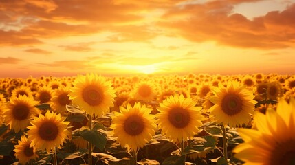 Fototapeta premium A photo of a vast field of blooming sunflowers at sunset