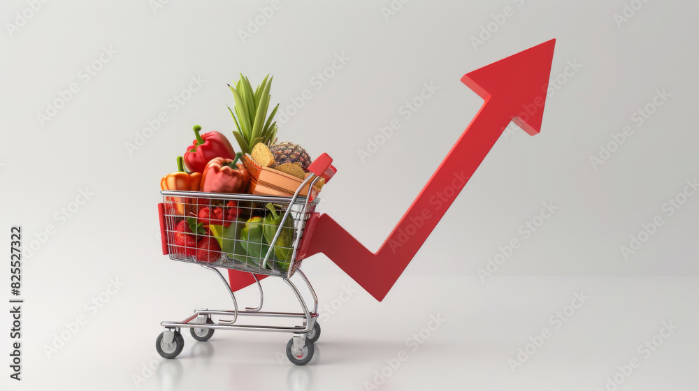 Poster shopping cart with food and an upward arrow symbolizing inflation