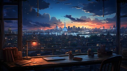 A city at night as seen from a window. anime, manga, and lofi. desk for studying. Cool, inviting, and comfy space. messy setting Digital artwork of a serene, bright apartment. 4K backdrop, wallpaper