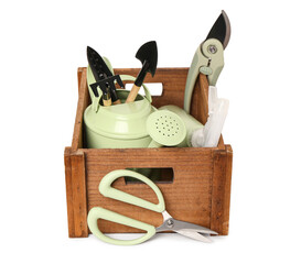 Wooden box full of gardening tools on white background