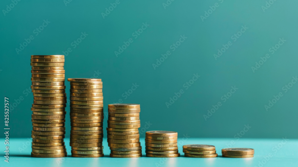 Poster graduated stacks of coins representing rising inflation on a teal backdrop with copy space