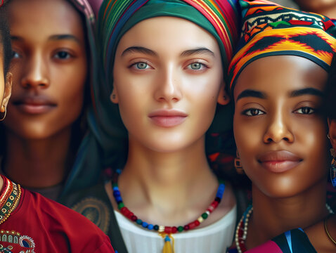 Different races people, multicultural group of young modern people, mixed group of multicultural people look camera,