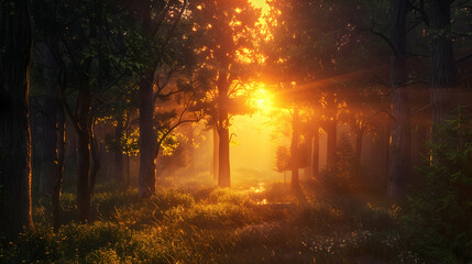 sunset in the forest realistic hyperrealistic